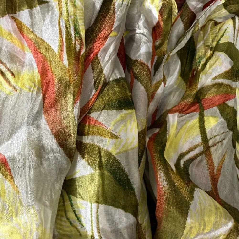 Vivante 100% Silk Scarf‎ Tropical Leaf Print Yellow Green Coral 71x20